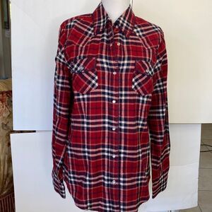 Plaid flannel red white blue stitching pockets faux Pearl snaps 100 cotton new